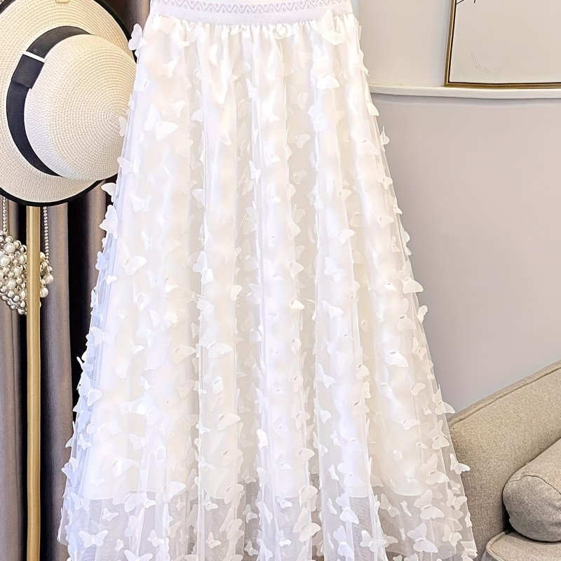 Chic Butterfly Applique High Waist Elegant Solid Color Pleated Skirt