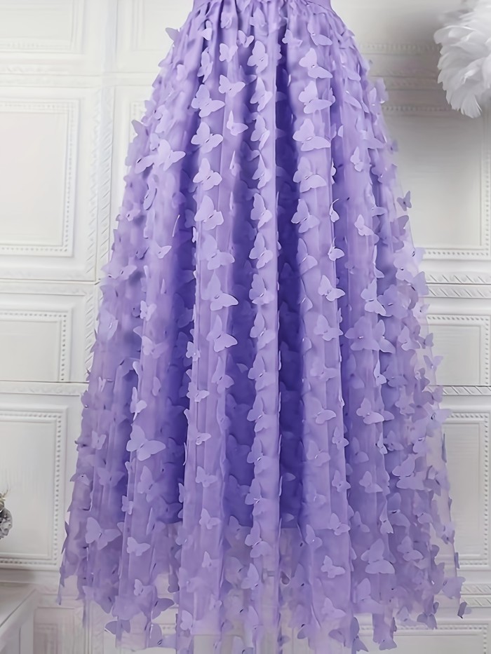 Chic Butterfly Applique High Waist Elegant Solid Color Pleated Skirt