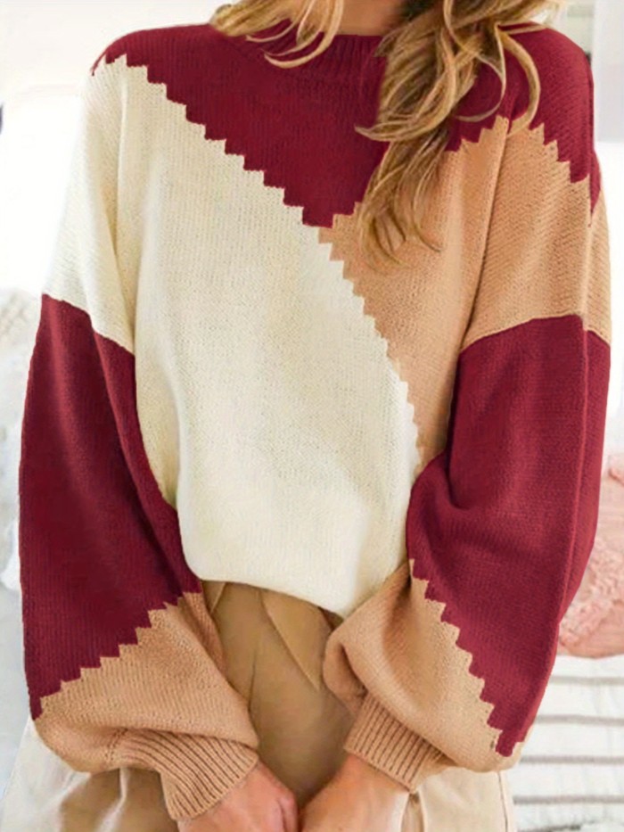Women's Cozy Patchwork Loose Fit Round Neck Long Sleeve Winter Sweater