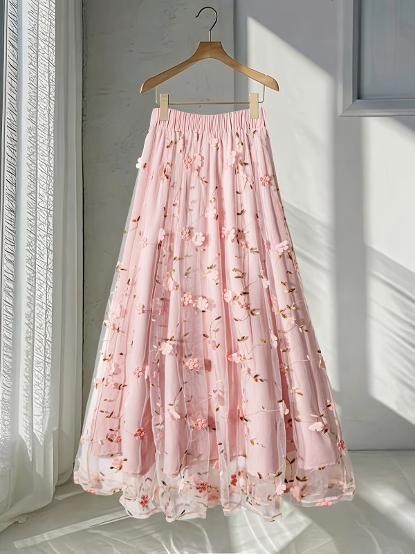 Women'S Elegant Floral Embroidered A-Line Skirt