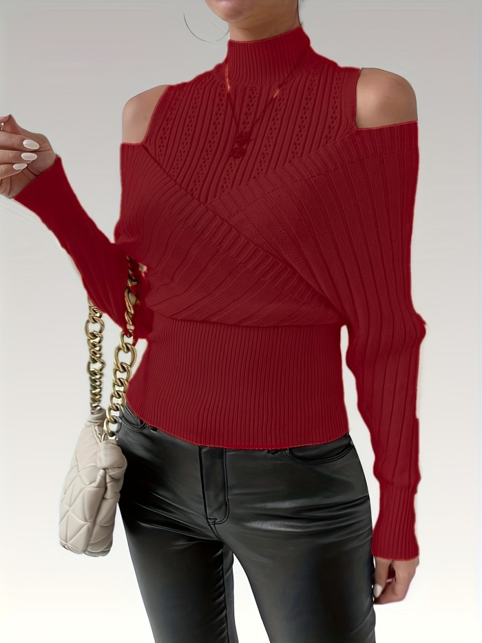Women'S Elegant High-Neck Ribbed Puffed Sleeves Stretchy Cropped Pullover Sweater