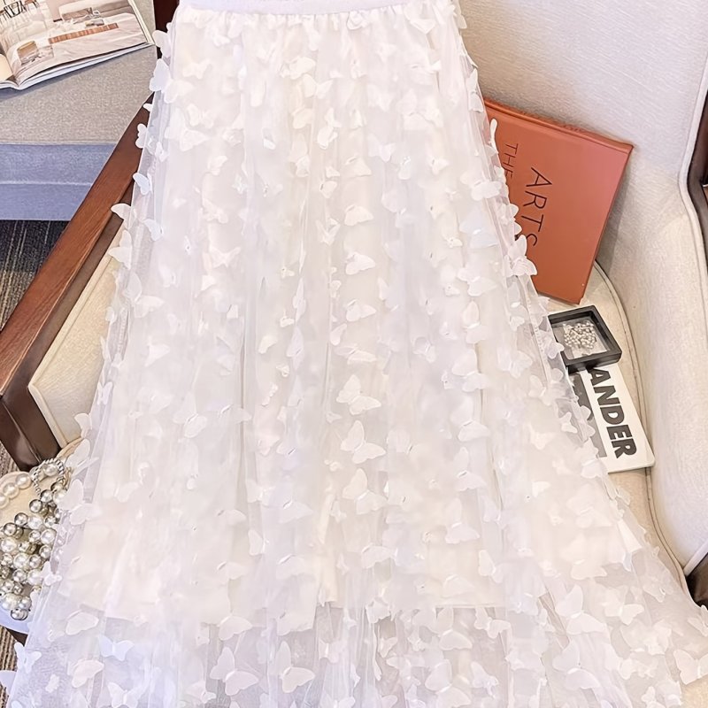 Elegant Butterfly Applique Mesh Skirt