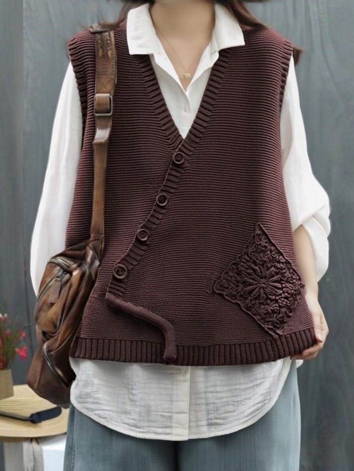 Sleeveless Lace-Trimmed  V-Neck Button-Front Cardigan Vest Sweater
