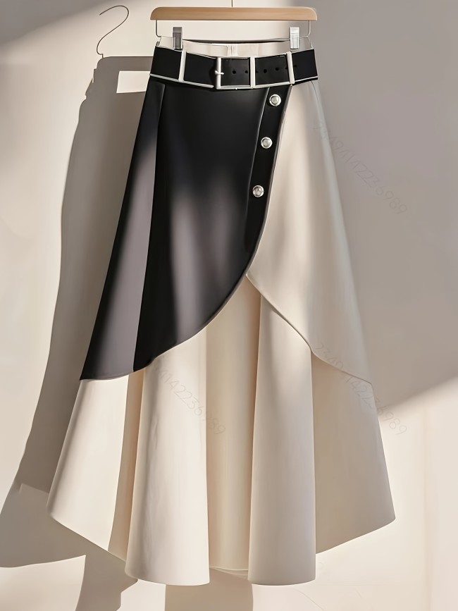 Elegant Skirt Elegant Black & White Contrast Color Block Skirt | Women's Versatile Office to Casual Non-Stretch Machine Washable All-Season Tailored Fit