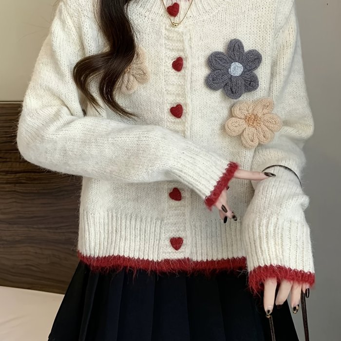 Women'S Round Neck Button Front Casual French-Style Floral Cardigan
