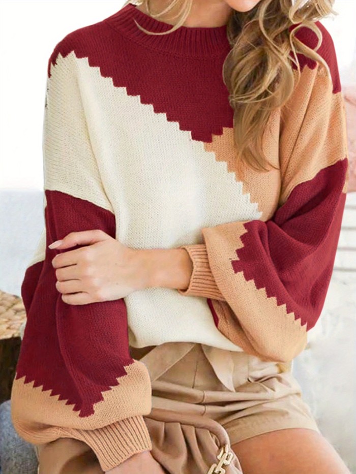 Women's Cozy Patchwork Loose Fit Round Neck Long Sleeve Winter Sweater