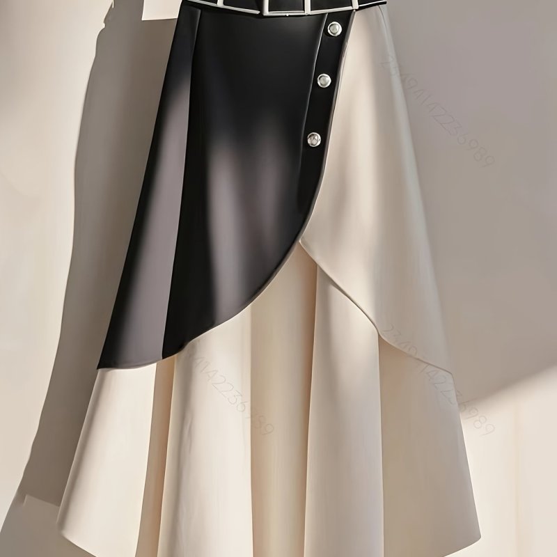 Elegant Skirt Elegant Black & White Contrast Color Block Skirt | Women's Versatile Office to Casual Non-Stretch Machine Washable All-Season Tailored Fit