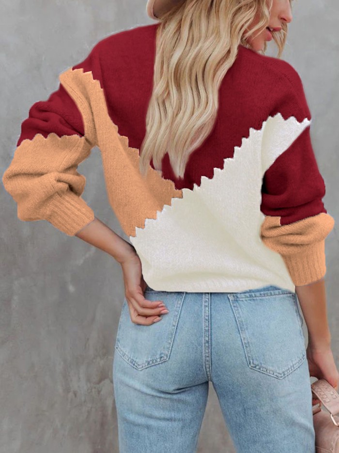 Women's Cozy Patchwork Loose Fit Round Neck Long Sleeve Winter Sweater