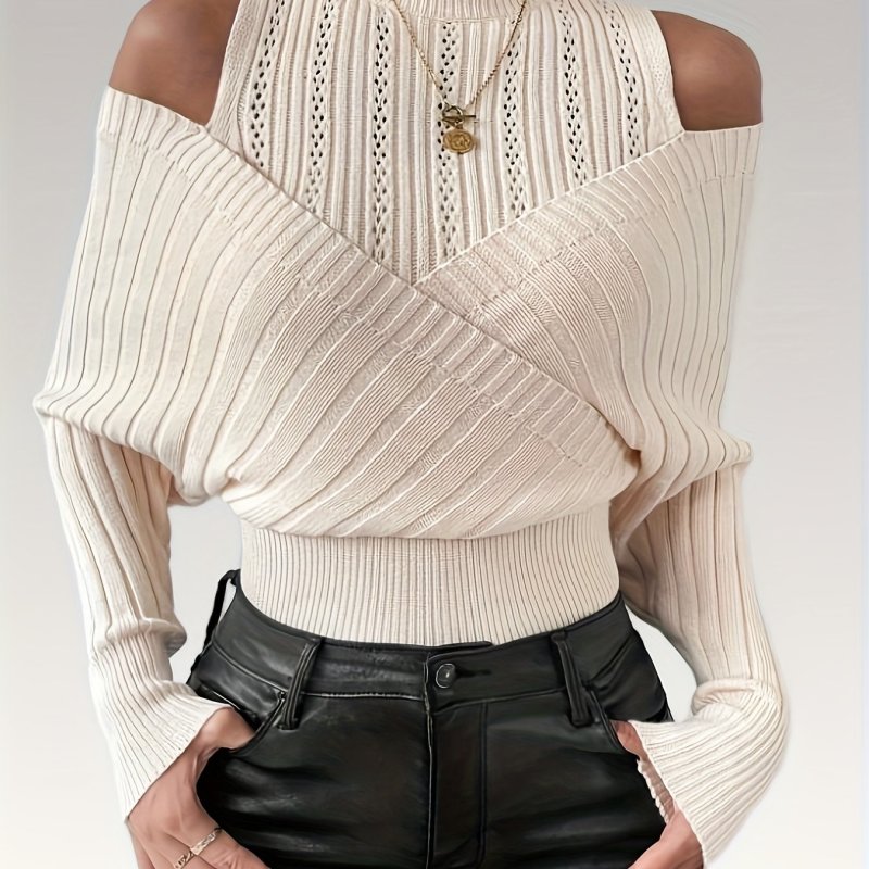 Women'S Elegant High-Neck Ribbed Puffed Sleeves Stretchy Cropped Pullover Sweater