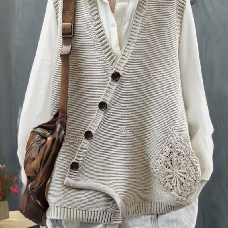 Sleeveless Lace-Trimmed  V-Neck Button-Front Cardigan Vest Sweater