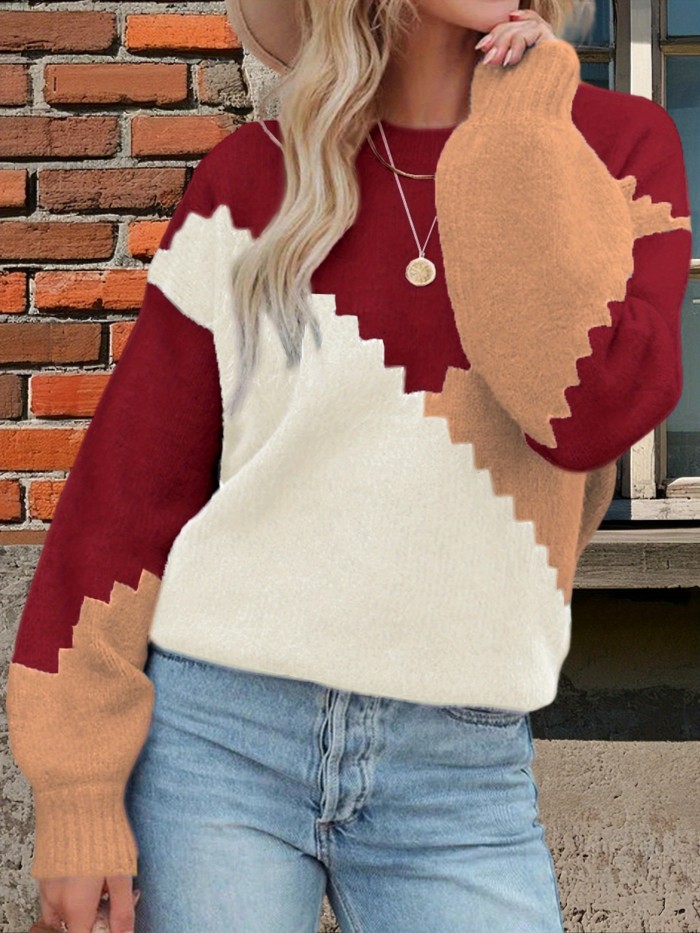Women's Cozy Patchwork Loose Fit Round Neck Long Sleeve Winter Sweater