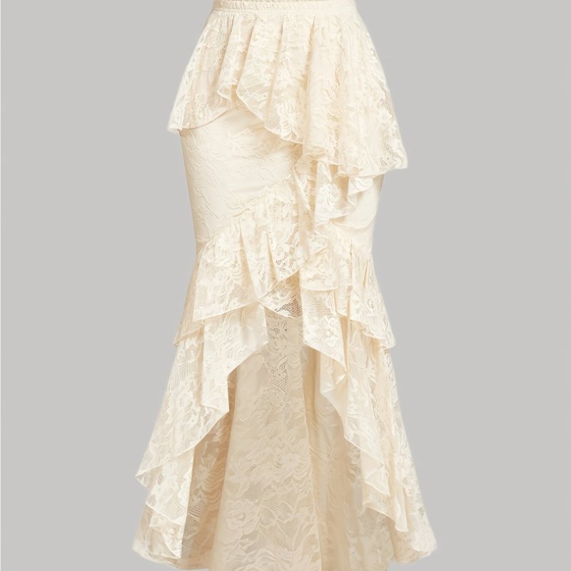 Elegant Flowing Design High-Waisted Elegant French Lace Midi Skirt