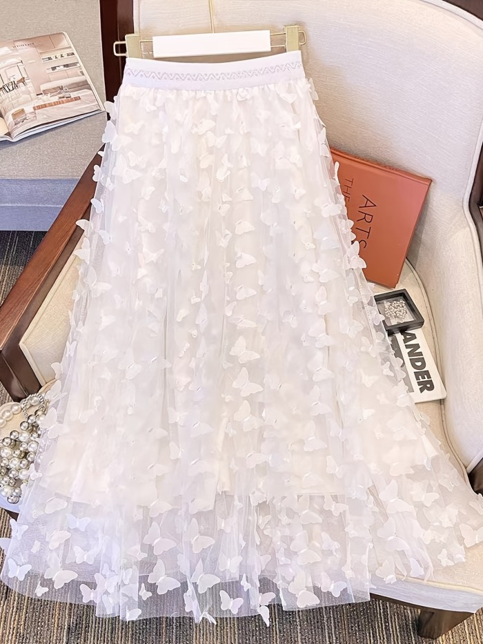 Elegant Butterfly Applique Mesh Skirt