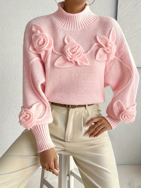 Women's Elegant High Neck Long Sleeve Sweater with Floral Appliqué