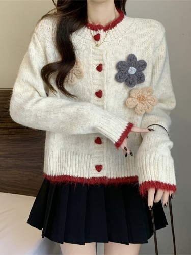Women'S Round Neck Button Front Casual French-Style Floral Cardigan