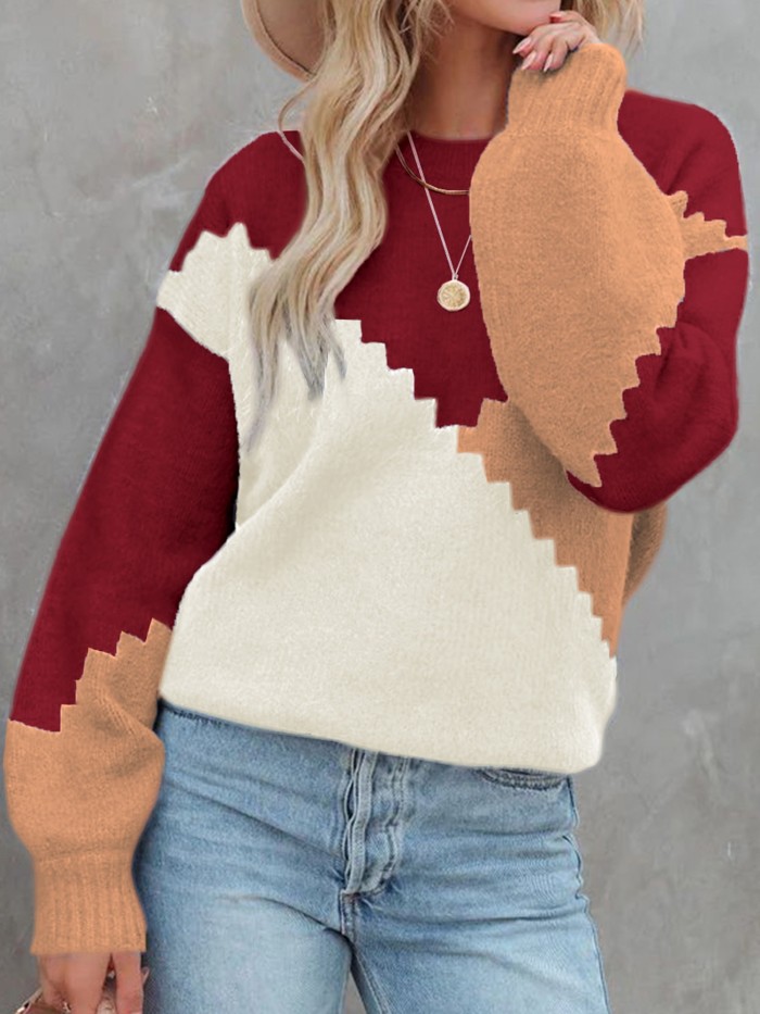 Women's Cozy Patchwork Loose Fit Round Neck Long Sleeve Winter Sweater