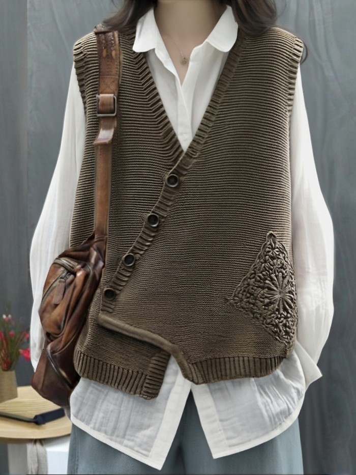 Sleeveless Lace-Trimmed  V-Neck Button-Front Cardigan Vest Sweater