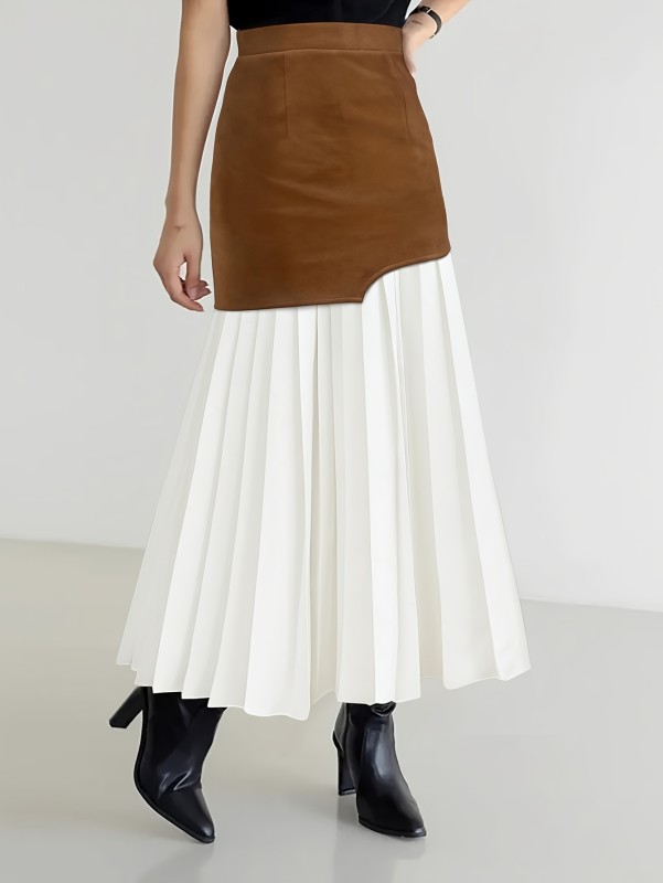 100% Polyester Solid Color Woven Women's Midi Skirt with Pleated Detail and Faux Suede Panel for Elegant Fall\u002FWinter Style