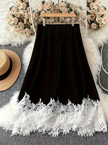 Elegant A-Line Skirt for Women with Contrast Lace Detailing, Elastic Waist, and Ruffled Hem - Black Polyester Fabric, Perfect for All Season
