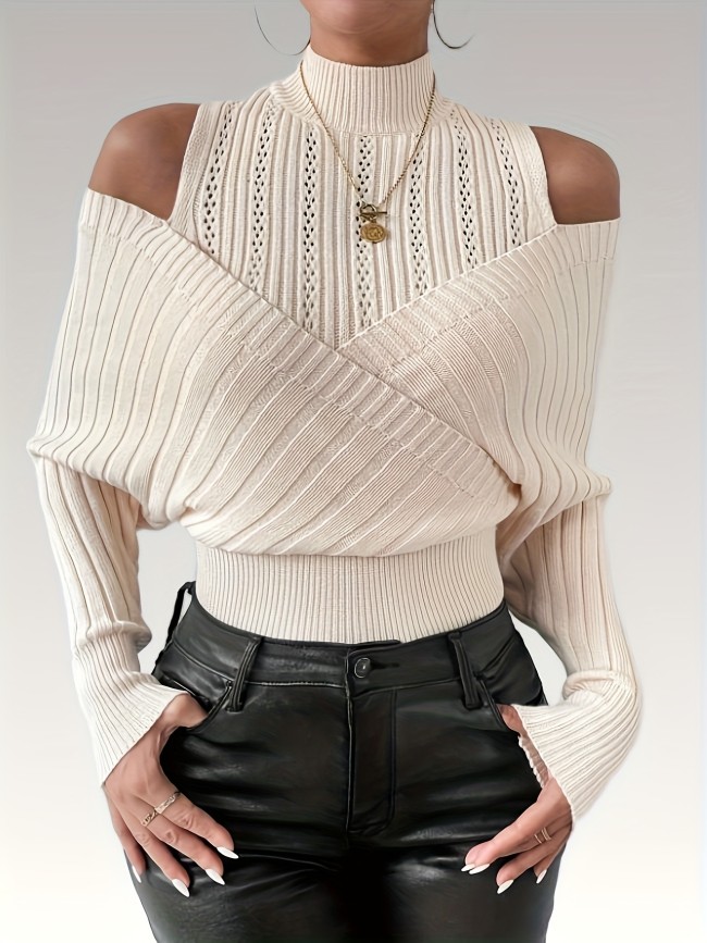 Women'S Elegant High-Neck Ribbed Puffed Sleeves Stretchy Cropped Pullover Sweater