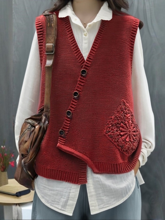 Sleeveless Lace-Trimmed  V-Neck Button-Front Cardigan Vest Sweater