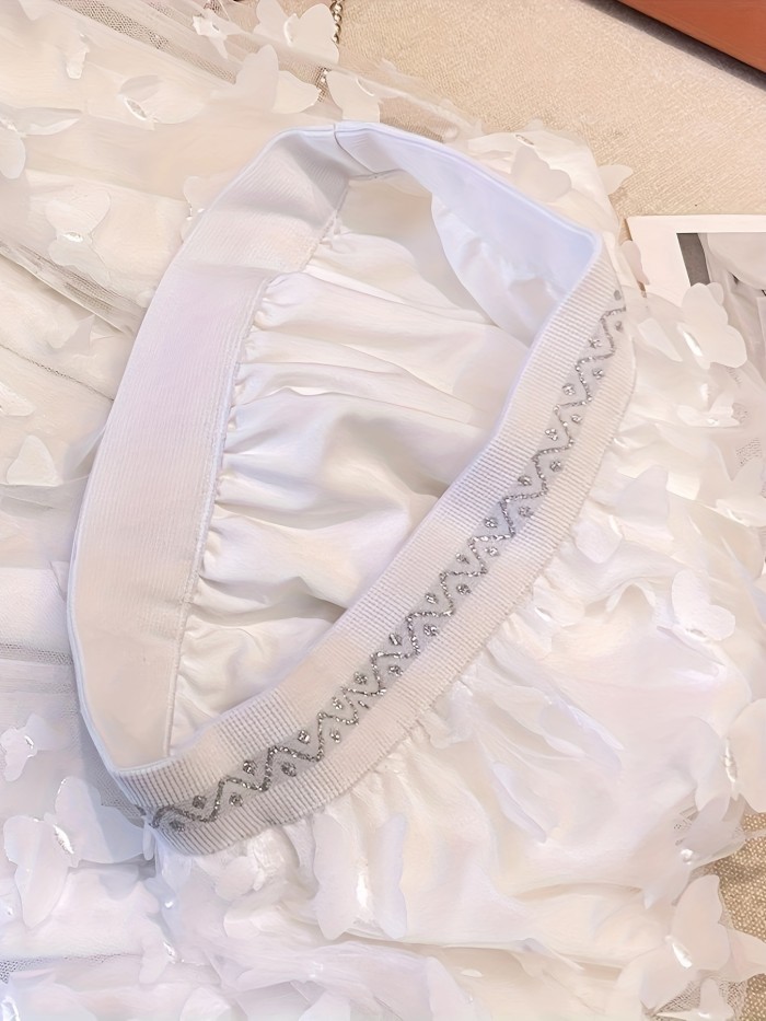 Chic Butterfly Applique High Waist Elegant Solid Color Pleated Skirt