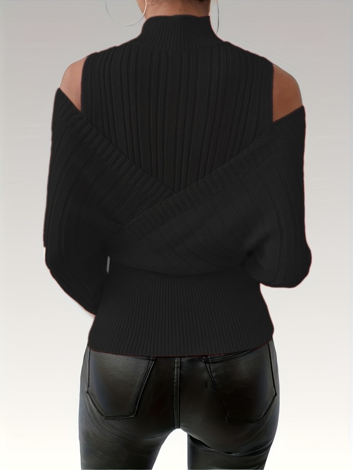 Women'S Elegant High-Neck Ribbed Puffed Sleeves Stretchy Cropped Pullover Sweater
