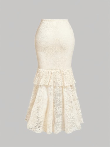 Elegant Flowing Design High-Waisted Elegant French Lace Midi Skirt