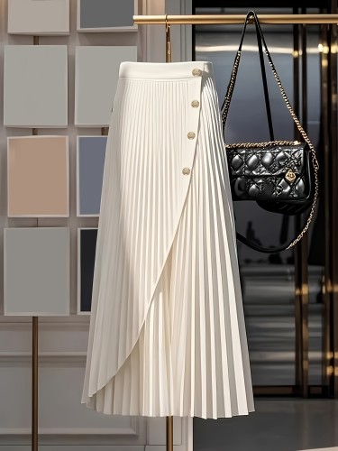 Women'S Fashion Casual Flowy A-Line Design High-Waisted Asymmetrical Pleated Skirt