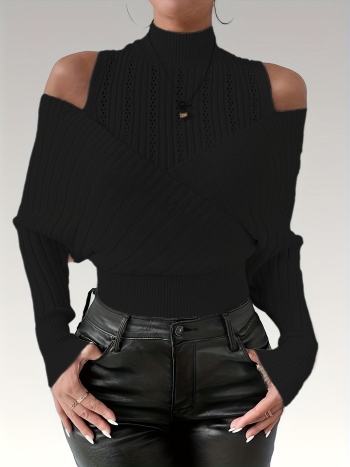 Women'S Elegant High-Neck Ribbed Puffed Sleeves Stretchy Cropped Pullover Sweater