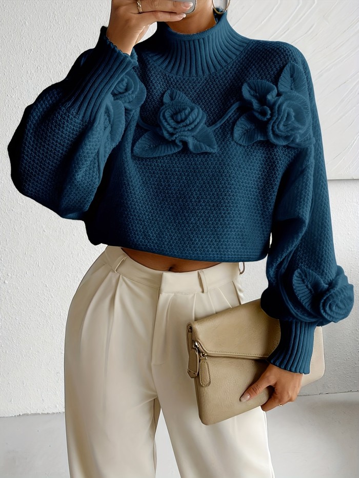 Patterned Women's High-Neck Long-Sleeve Floral Appliqué Sweater, Soft Stretch Solid Color Pullover for Autumn and Winter