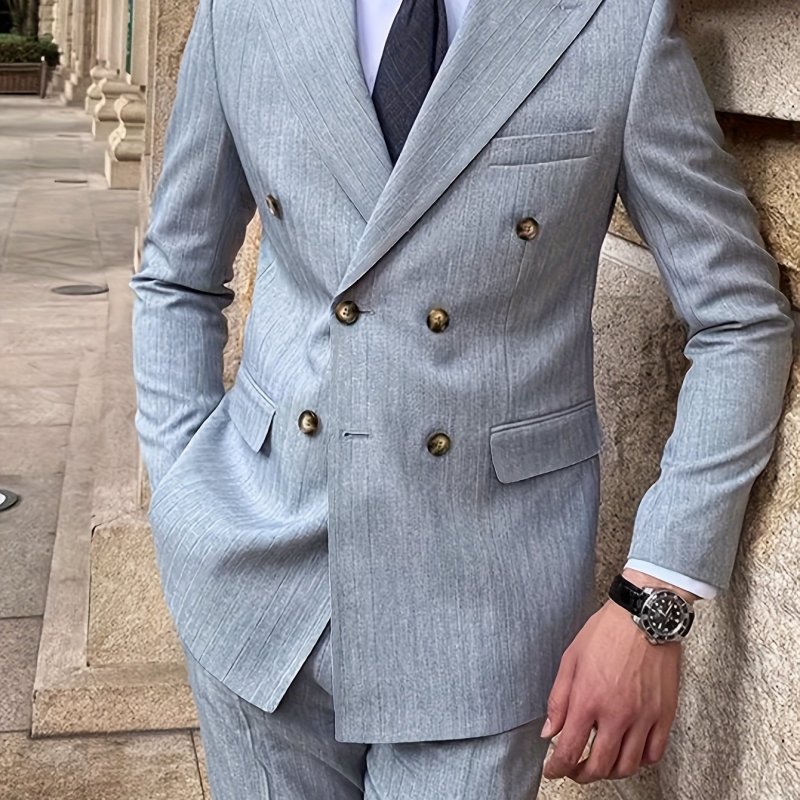 Men's Casual Double-Breasted Blazer Jacket - Light Grey & Purple Accent Lapel, Machine-Washable All-Season Regular Fit with Split Hem for Office & Social Events