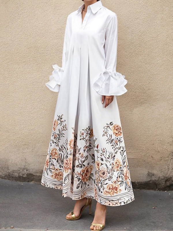 Pleated Flower Print Buttoned Loose Long Sleeves Lapel Maxi Dresses