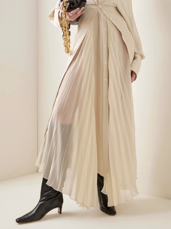 Solid Color Pleated Loose Long Sleeves Lapel Shirt Dress Maxi Dresses