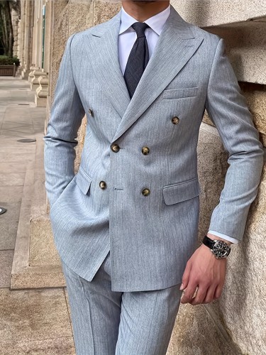 Men's Casual Double-Breasted Blazer Jacket - Light Grey & Purple Accent Lapel, Machine-Washable All-Season Regular Fit with Split Hem for Office & Social Events