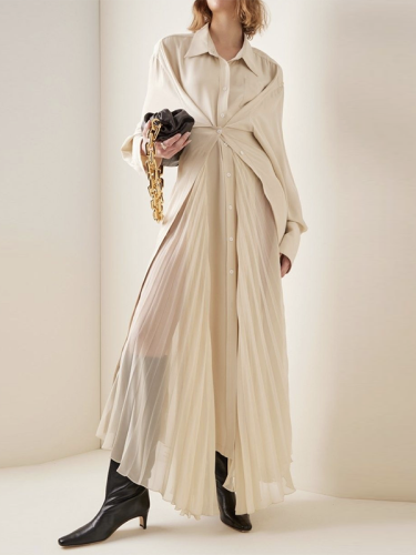 Solid Color Pleated Loose Long Sleeves Lapel Shirt Dress Maxi Dresses