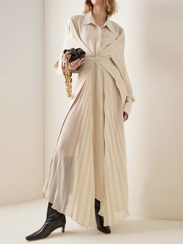 Solid Color Pleated Loose Long Sleeves Lapel Shirt Dress Maxi Dresses