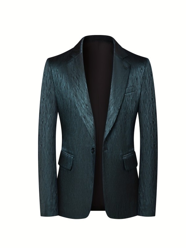 Men's Slim-Fit Business Casual Blazer - Dark Teal Striped Tailored Jacket, Machine Washable Spring\u002FFall Office & Social Coat with Notch Lapel, Textured Fabric Jacket