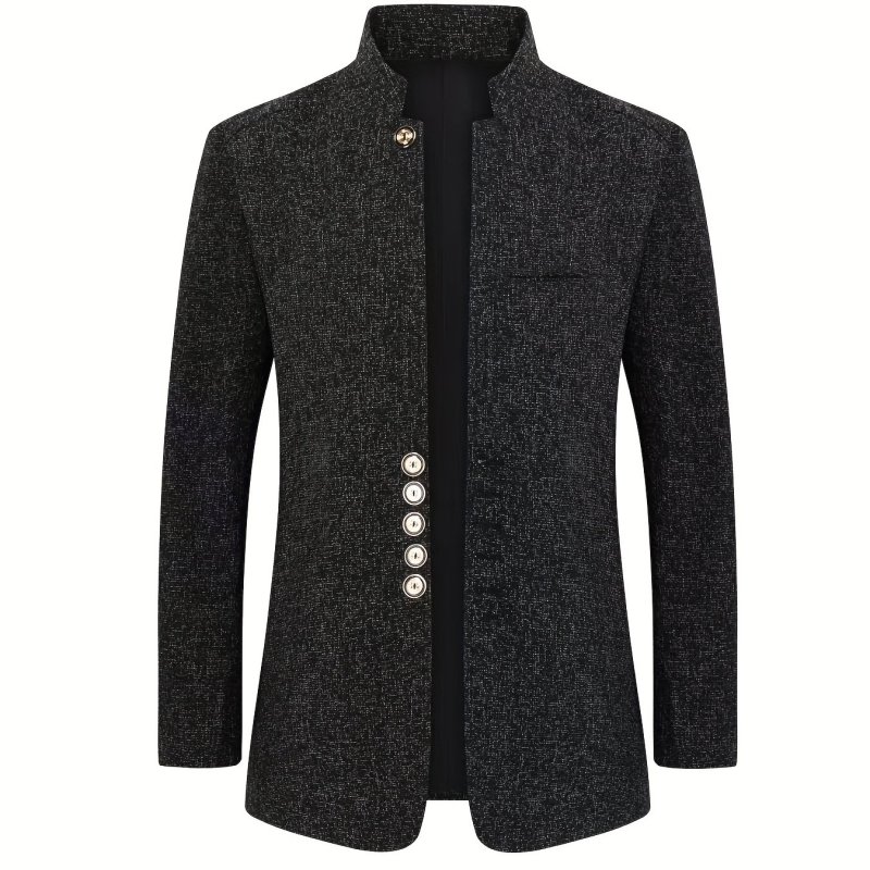 Men'S Casual Stand Collar Blazer - Navy Blue, Single-Breasted, Long Sleeve, Stylish Fall & Spring Jacket with Pockets, Polyester Lining, Casual Attire|Stylish Stand Collar|Polyester Lined Jacket