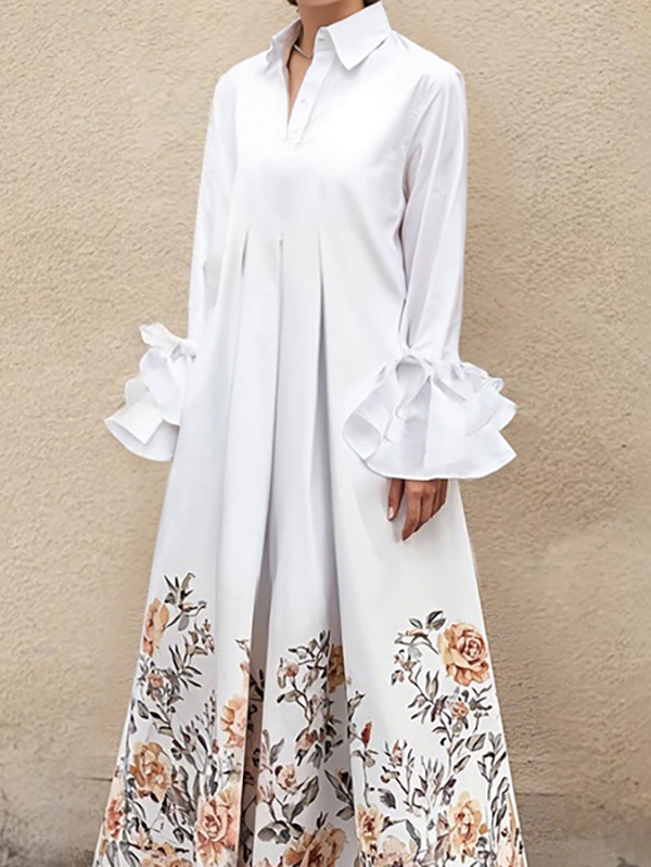Pleated Flower Print Buttoned Loose Long Sleeves Lapel Maxi Dresses