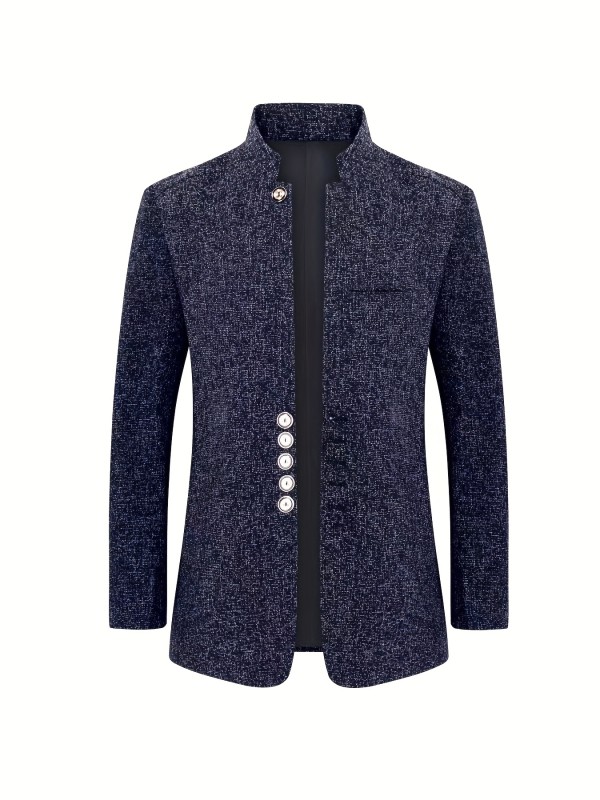 Men'S Casual Stand Collar Blazer - Navy Blue, Single-Breasted, Long Sleeve, Stylish Fall & Spring Jacket with Pockets, Polyester Lining, Casual Attire|Stylish Stand Collar|Polyester Lined Jacket