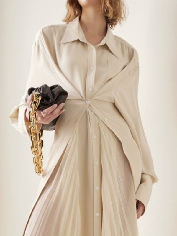 Solid Color Pleated Loose Long Sleeves Lapel Shirt Dress Maxi Dresses