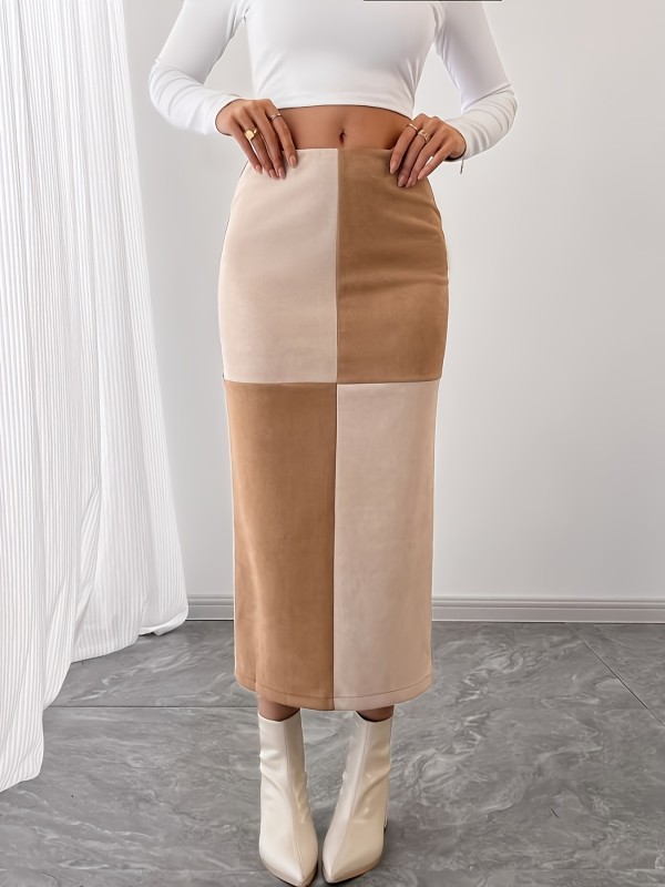 Elegant High-Waisted Skirt High-Waisted Elegant Women's Color-Blocked Long Skirt with a Back Slit