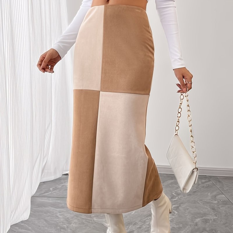 Elegant High-Waisted Skirt High-Waisted Elegant Women's Color-Blocked Long Skirt with a Back Slit