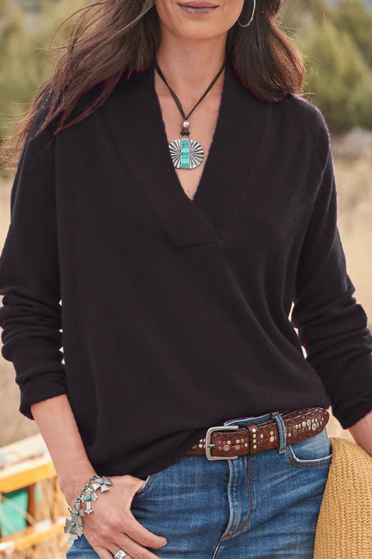 Casual Solid Split Joint V Neck Tops