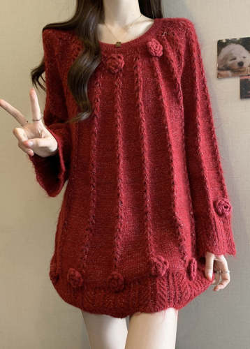 Red Floral Decorated Knit Sweaters Oversized Fall