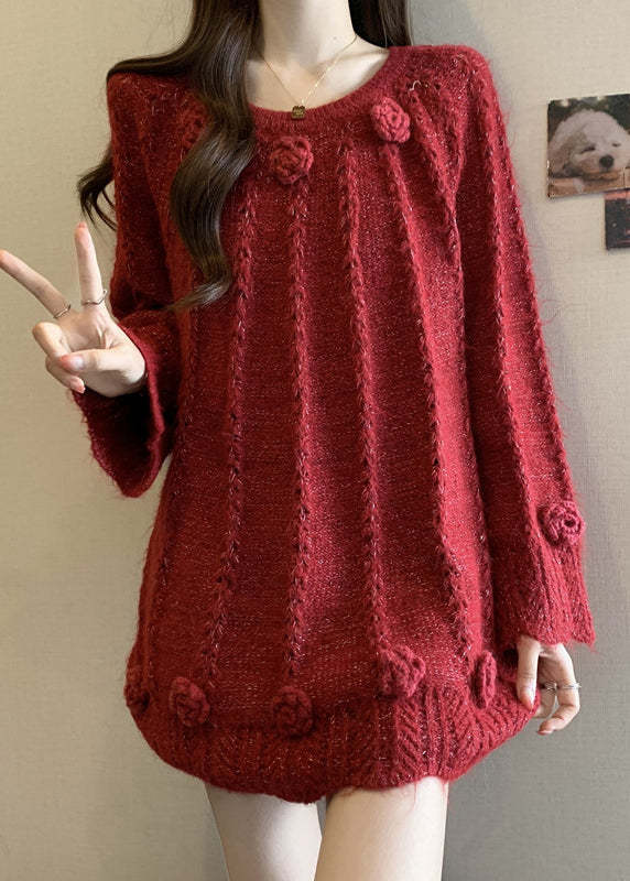 Red Floral Decorated Knit Sweaters Oversized Fall