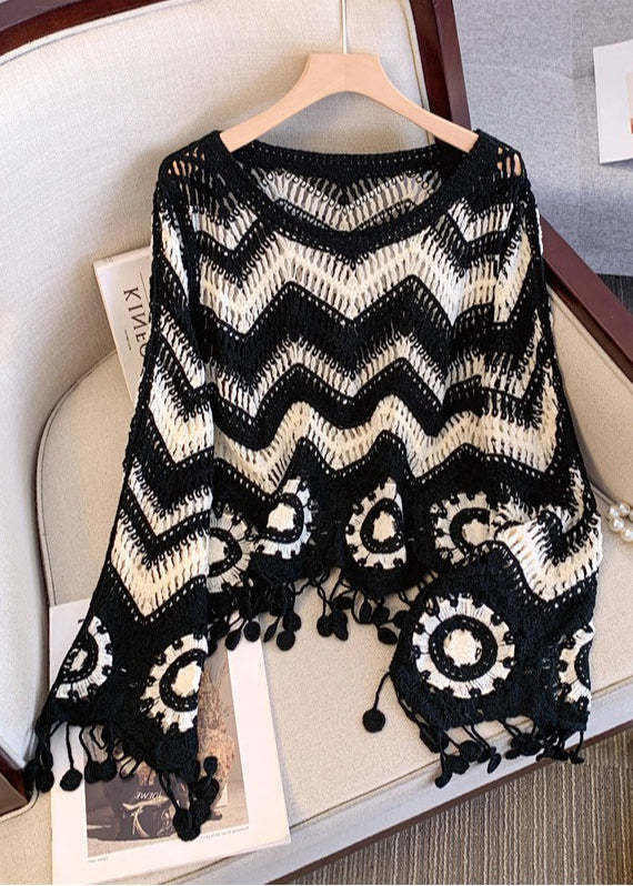 DIY Black Tasseled Striped Knit UPF 50+ Tops Fall