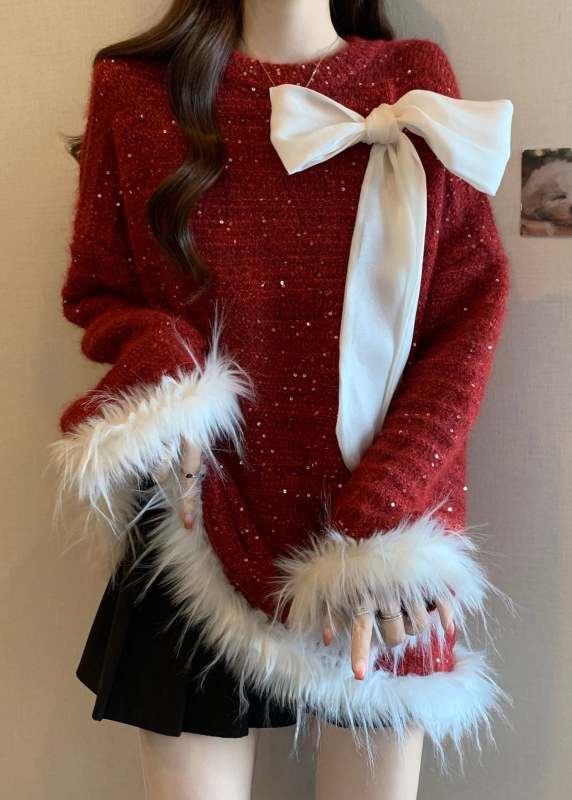 Italian Mulberry Oversized Patchwork Bow Knit Sweater Tops Fall