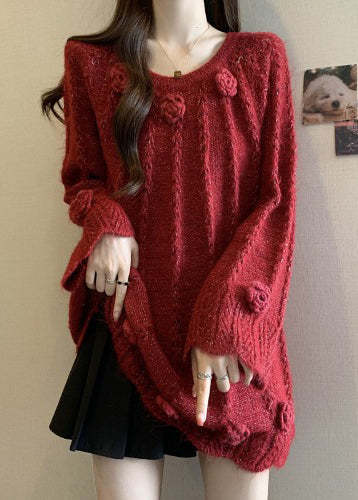 Red Floral Decorated Knit Sweaters Oversized Fall